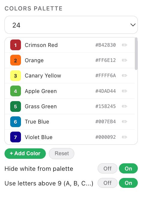 Colors palette settings